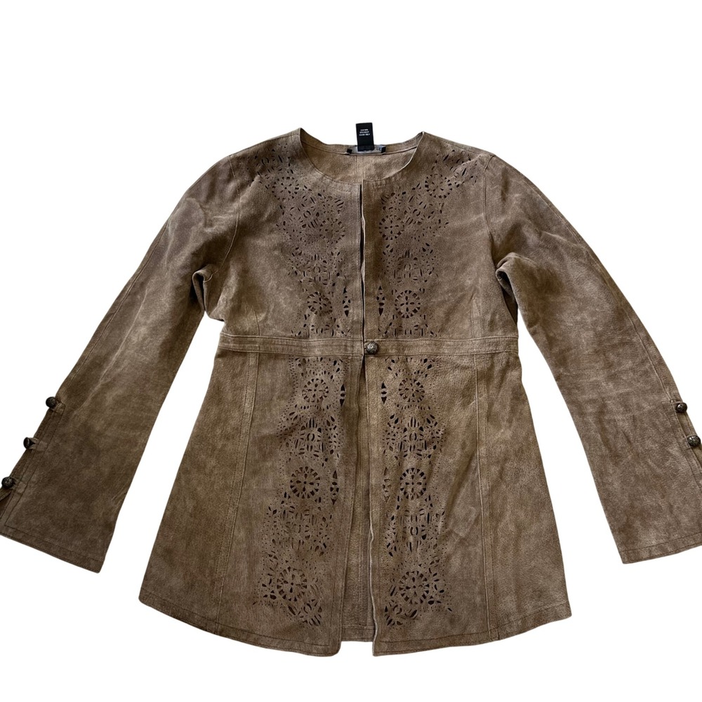 Willi Smith Brown Leather Cut Out Single Button Boho Indie Jacket Small‎